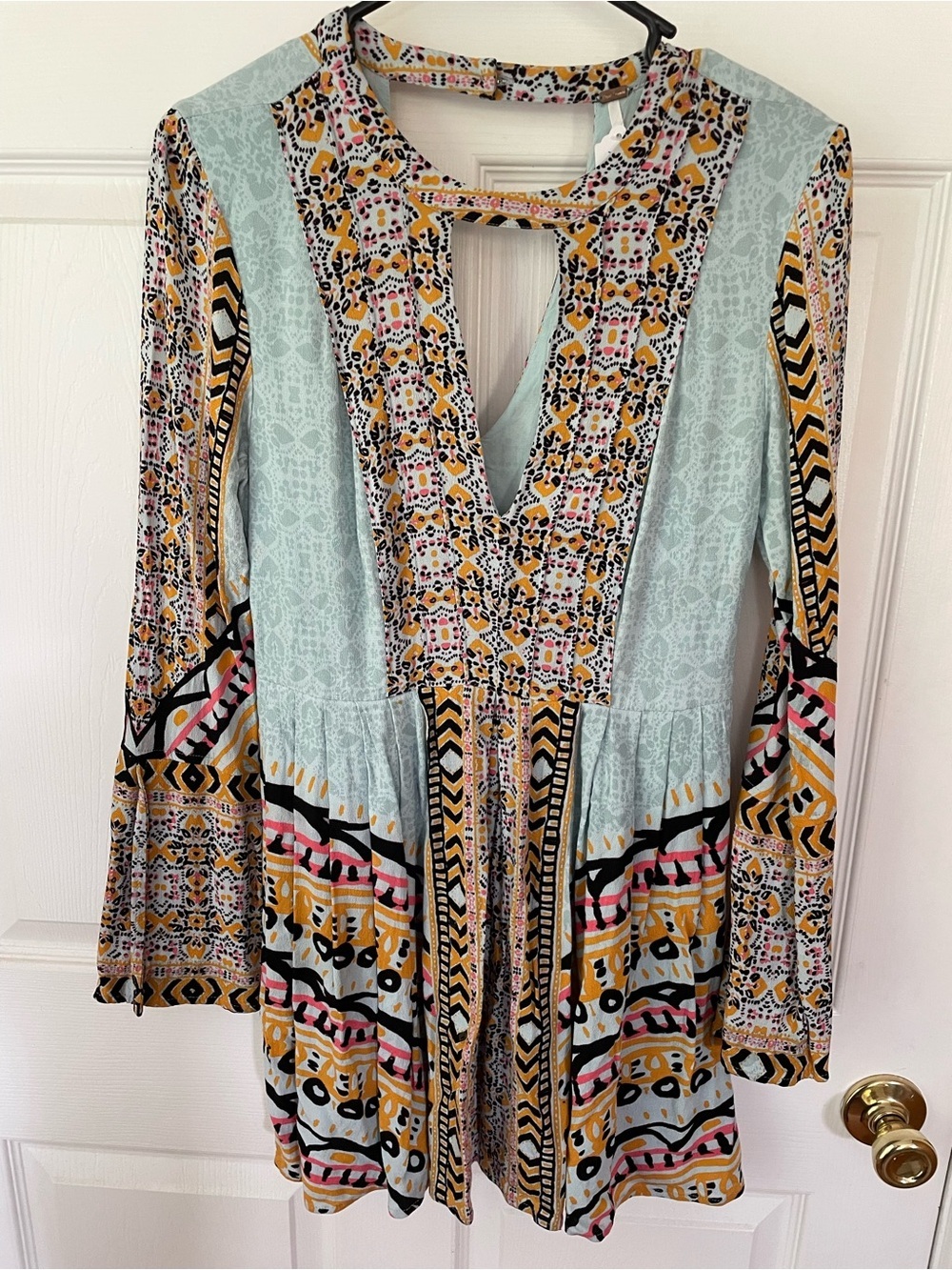 Free People Boho Mixed Print Bell Sleeve Open Back Mini Dress L